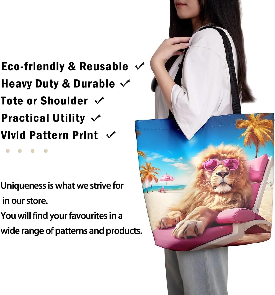 Lion Eagle Canvas Tote Bag,3D Print Wild Animals Aesthetic Shoulder Handbags for Shopping Gym