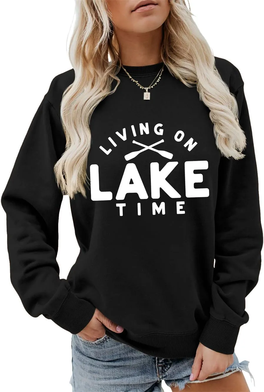 Living On Lake Time Sweatshirt Lake Life Sweater Funny Lake Vacation Trip Shirt Women Crewneck Boating Pullover Tops