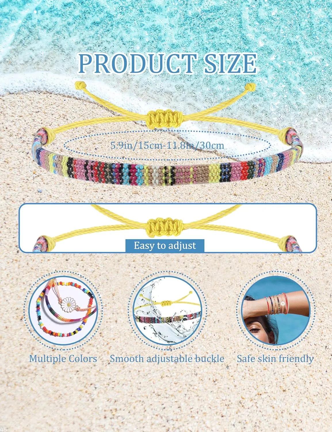 LOLIAS 24 Pieces Waterproof String Bracelets for Women Surfer Wave Boho Bracelet Adjustable Handmade Friendship Bracelet String Ocean Beach Boho Bracelets Anklets for Women
