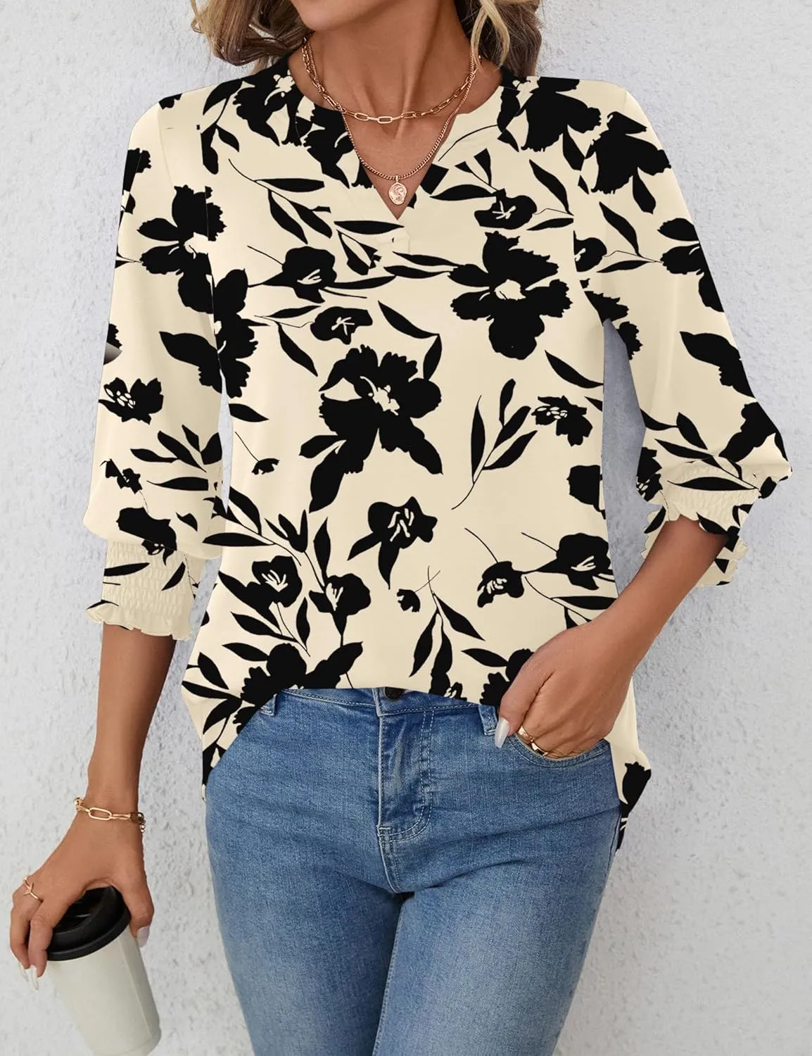 LOMON Women's 2025 Fashion Tops 3/4 Length Sleeve Business Casual Blouses Summer Tees Shirts