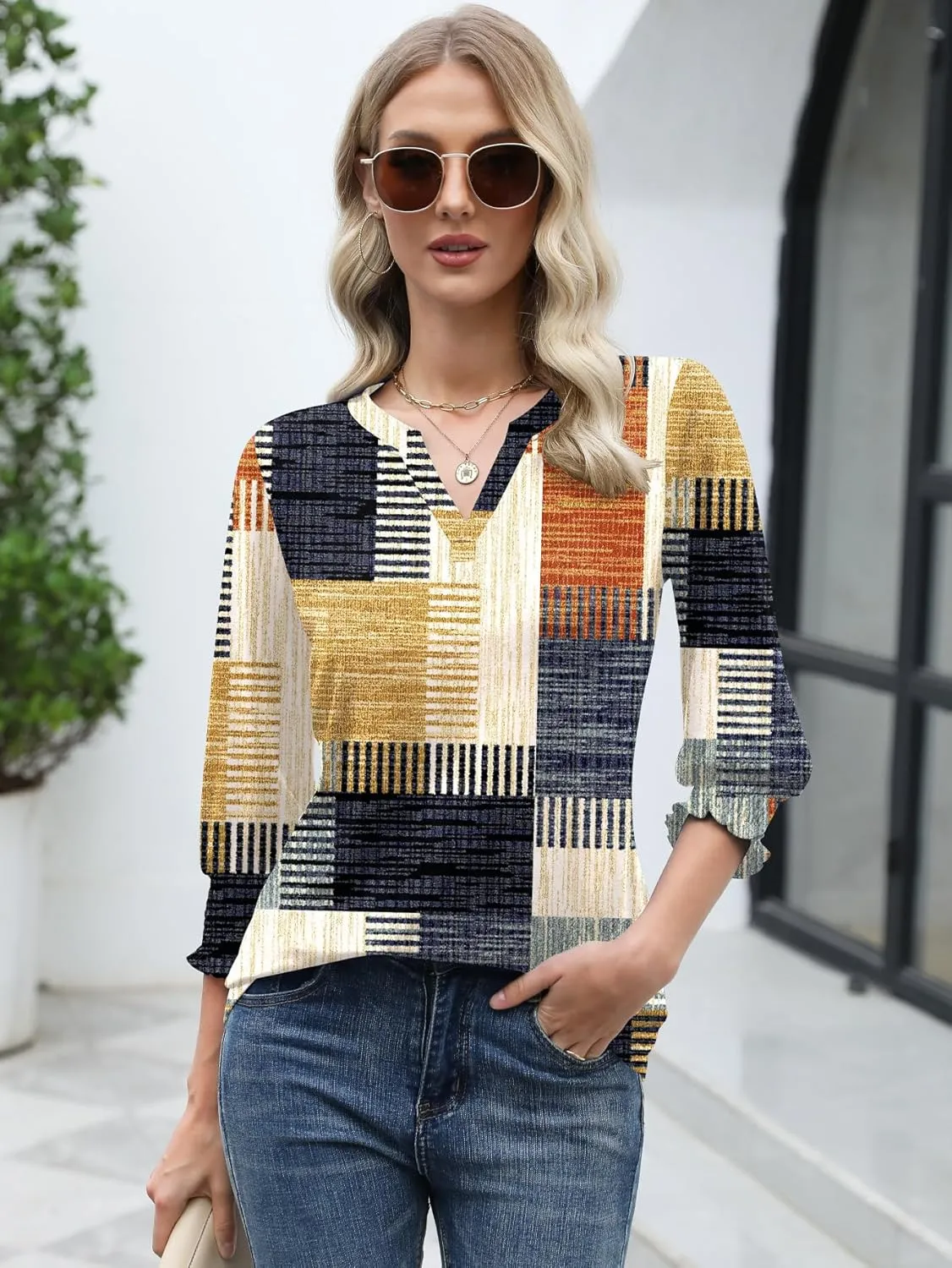 LOMON Women's 2025 Fashion Tops 3/4 Length Sleeve Business Casual Blouses Summer Tees Shirts