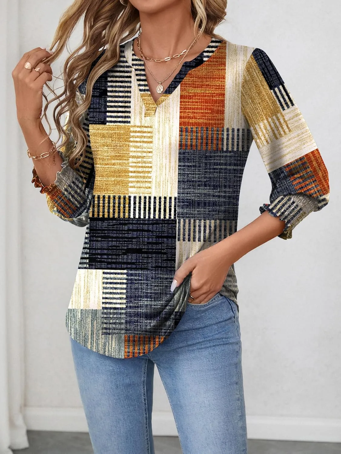 LOMON Women's 2025 Fashion Tops 3/4 Length Sleeve Business Casual Blouses Summer Tees Shirts