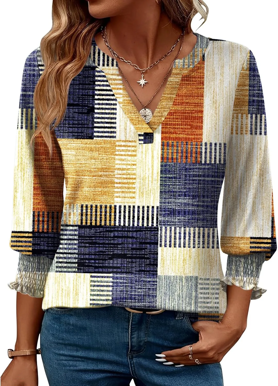 LOMON Women's 2025 Fashion Tops 3/4 Length Sleeve Business Casual Blouses Summer Tees Shirts