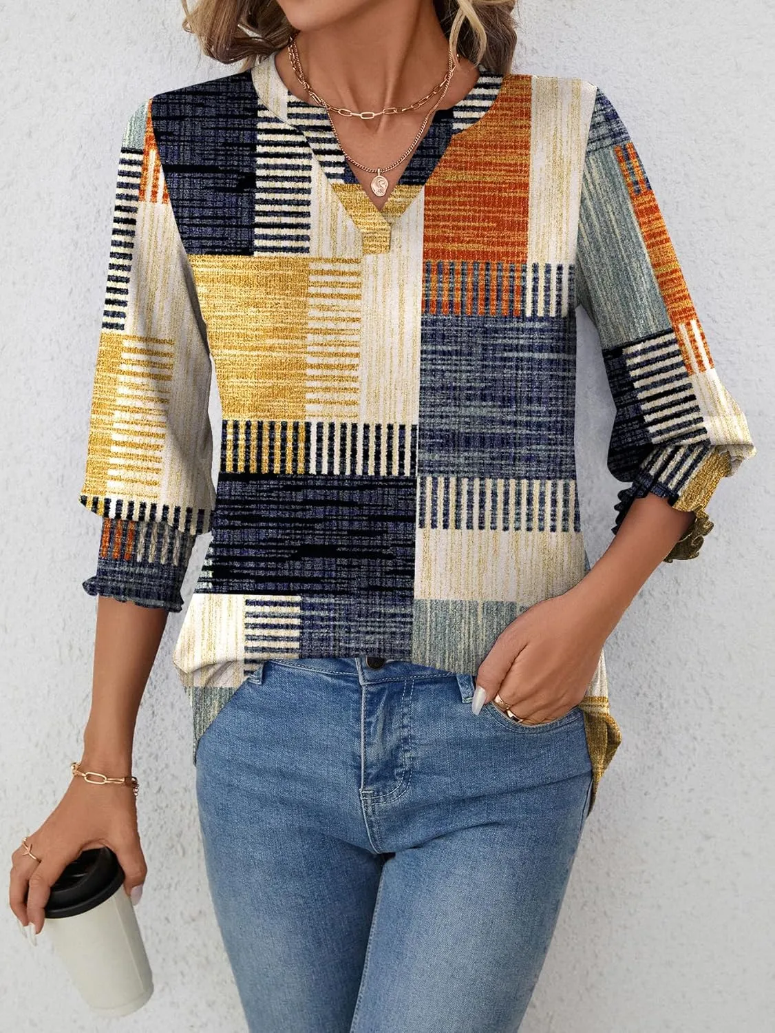LOMON Women's 2025 Fashion Tops 3/4 Length Sleeve Business Casual Blouses Summer Tees Shirts