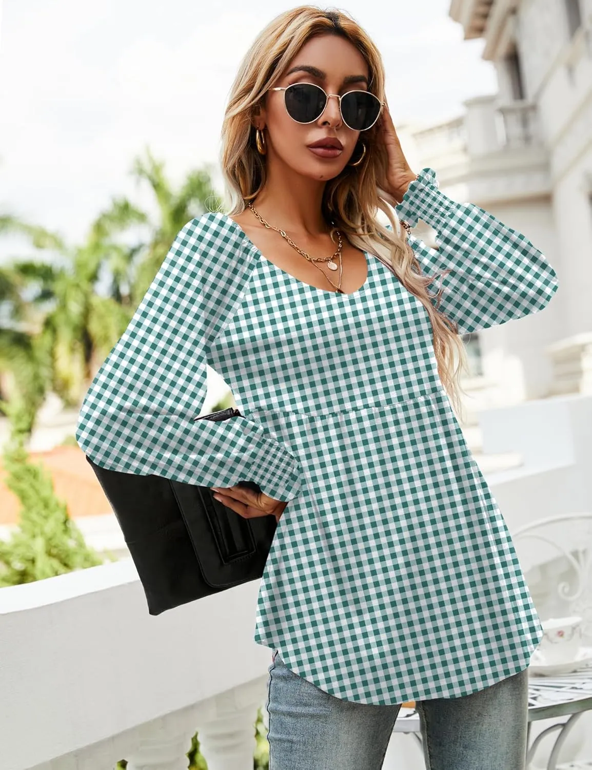 LOMON Womens Casual Fall Puff Long Sleeve Tunic Tops V Neck Flowy Babydoll Peplum Top Blouse T-Shirt 2024 Fashion S-3XL