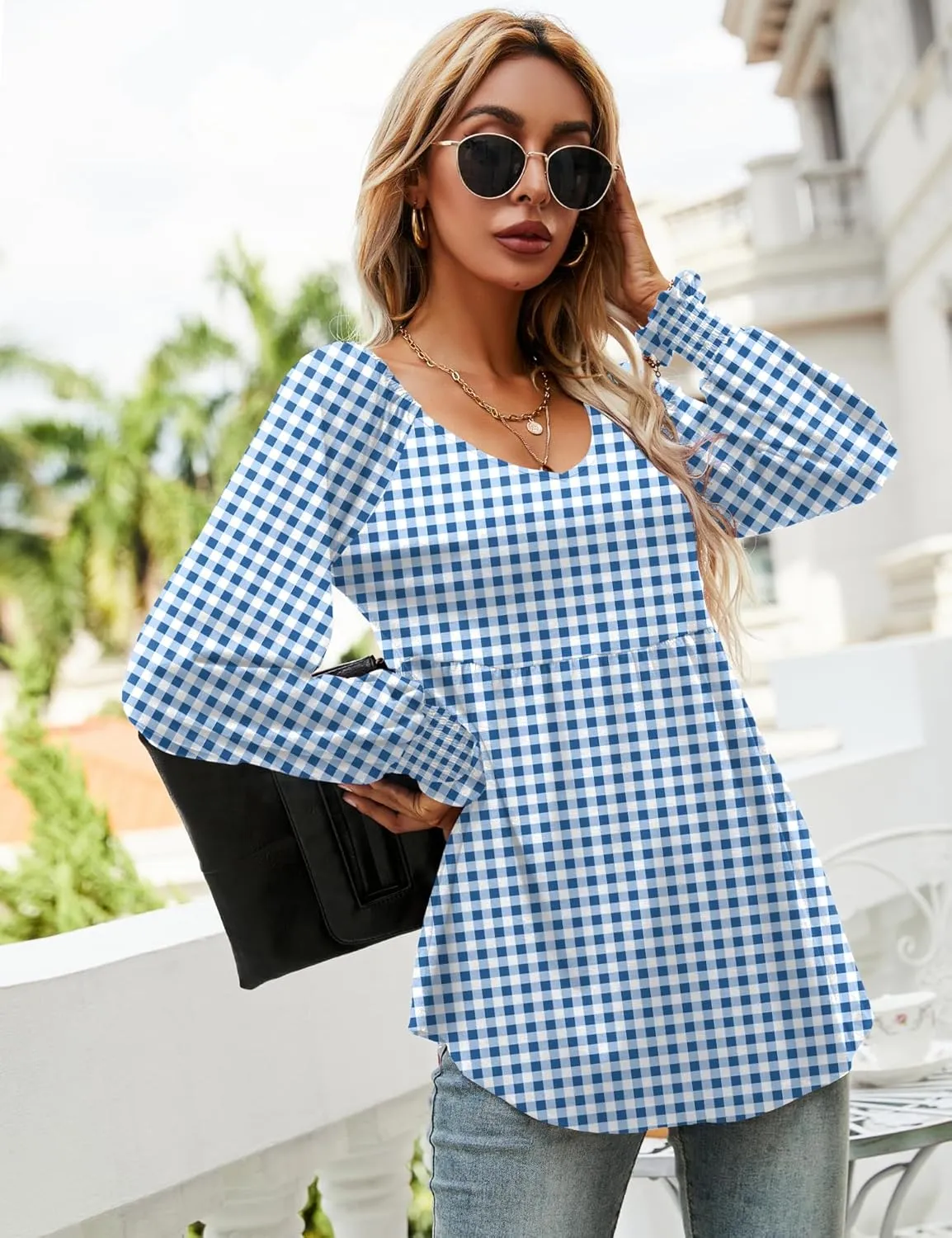 LOMON Womens Casual Fall Puff Long Sleeve Tunic Tops V Neck Flowy Babydoll Peplum Top Blouse T-Shirt 2024 Fashion S-3XL