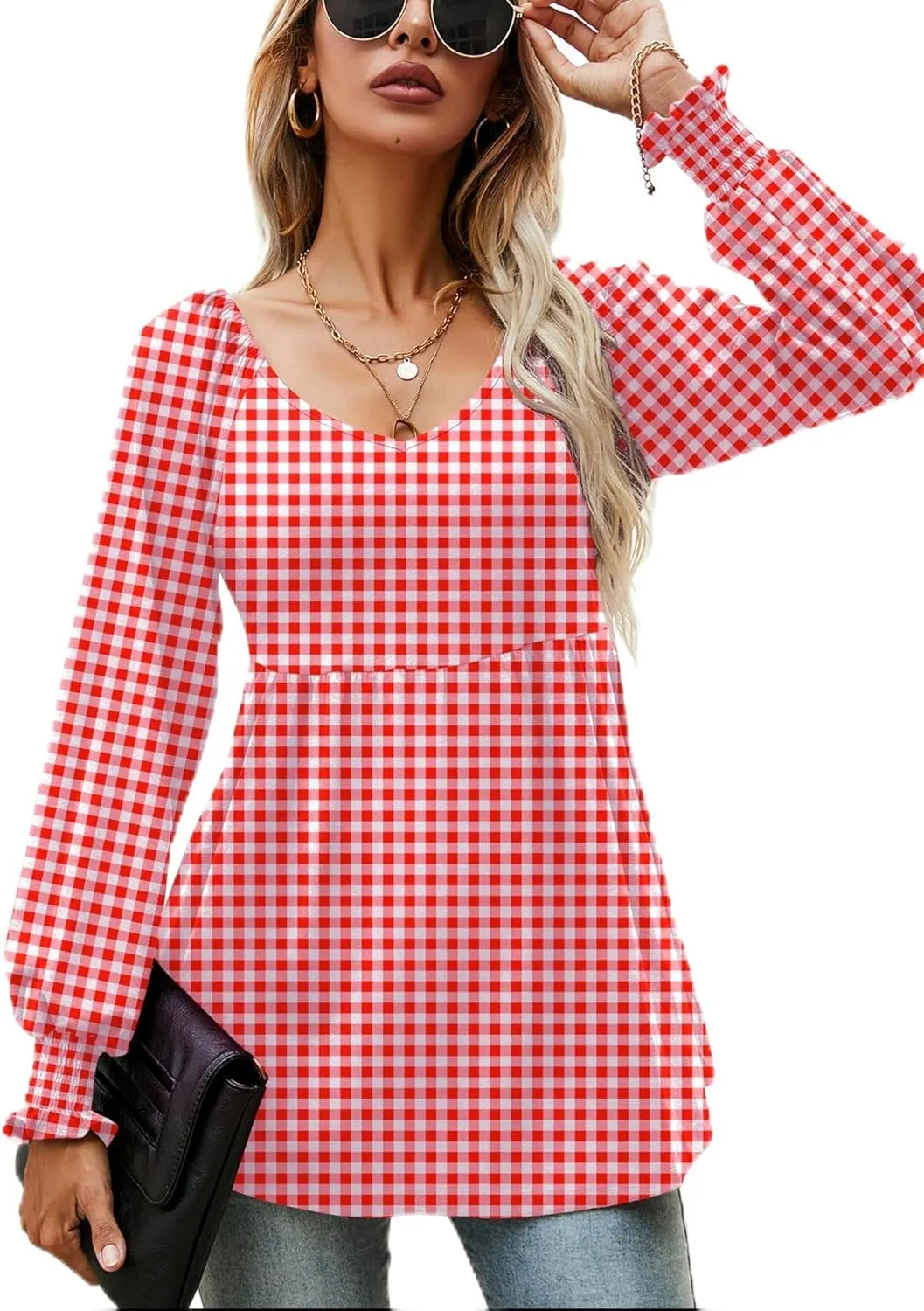 LOMON Womens Casual Fall Puff Long Sleeve Tunic Tops V Neck Flowy Babydoll Peplum Top Blouse T-Shirt 2024 Fashion S-3XL