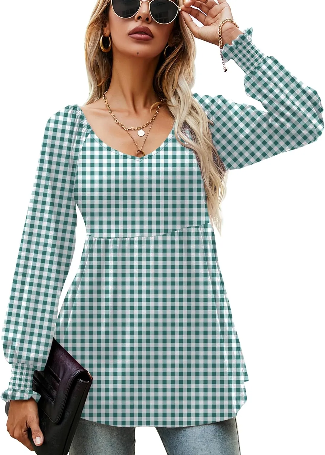 LOMON Womens Casual Fall Puff Long Sleeve Tunic Tops V Neck Flowy Babydoll Peplum Top Blouse T-Shirt 2024 Fashion S-3XL