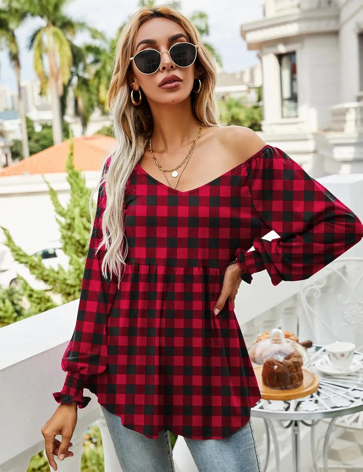 LOMON Womens Casual Fall Puff Long Sleeve Tunic Tops V Neck Flowy Babydoll Peplum Top Blouse T-Shirt 2024 Fashion S-3XL