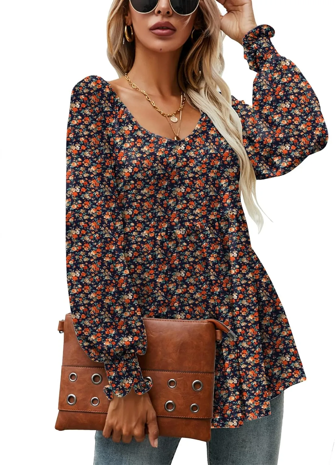 LOMON Womens Casual Fall Puff Long Sleeve Tunic Tops V Neck Flowy Babydoll Peplum Top Blouse T-Shirt 2024 Fashion S-3XL