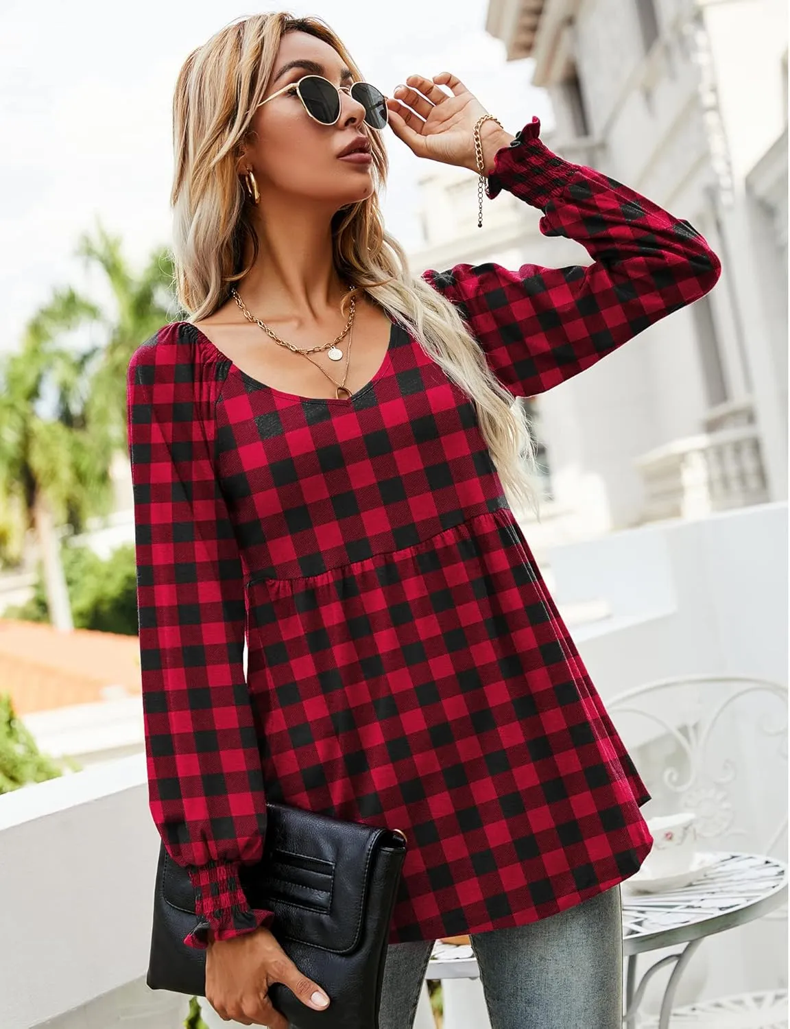 LOMON Womens Casual Fall Puff Long Sleeve Tunic Tops V Neck Flowy Babydoll Peplum Top Blouse T-Shirt 2024 Fashion S-3XL