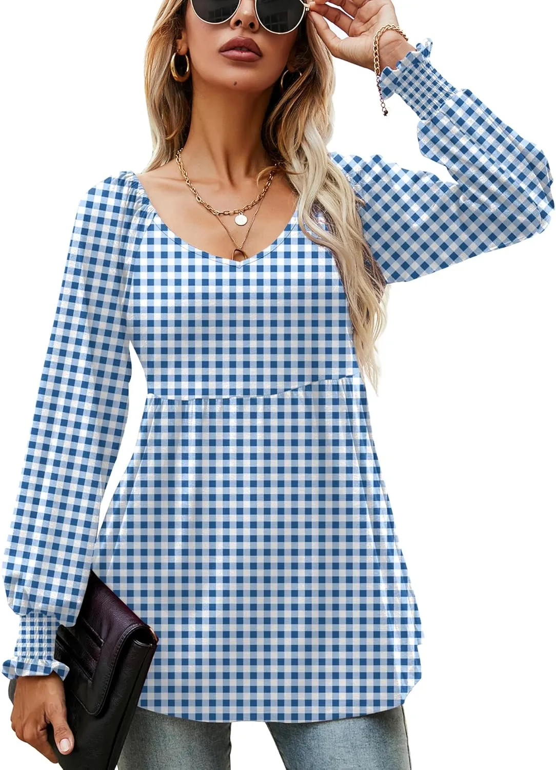 LOMON Womens Casual Fall Puff Long Sleeve Tunic Tops V Neck Flowy Babydoll Peplum Top Blouse T-Shirt 2024 Fashion S-3XL