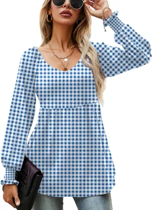 LOMON Womens Casual Fall Puff Long Sleeve Tunic Tops V Neck Flowy Babydoll Peplum Top Blouse T-Shirt 2024 Fashion S-3XL