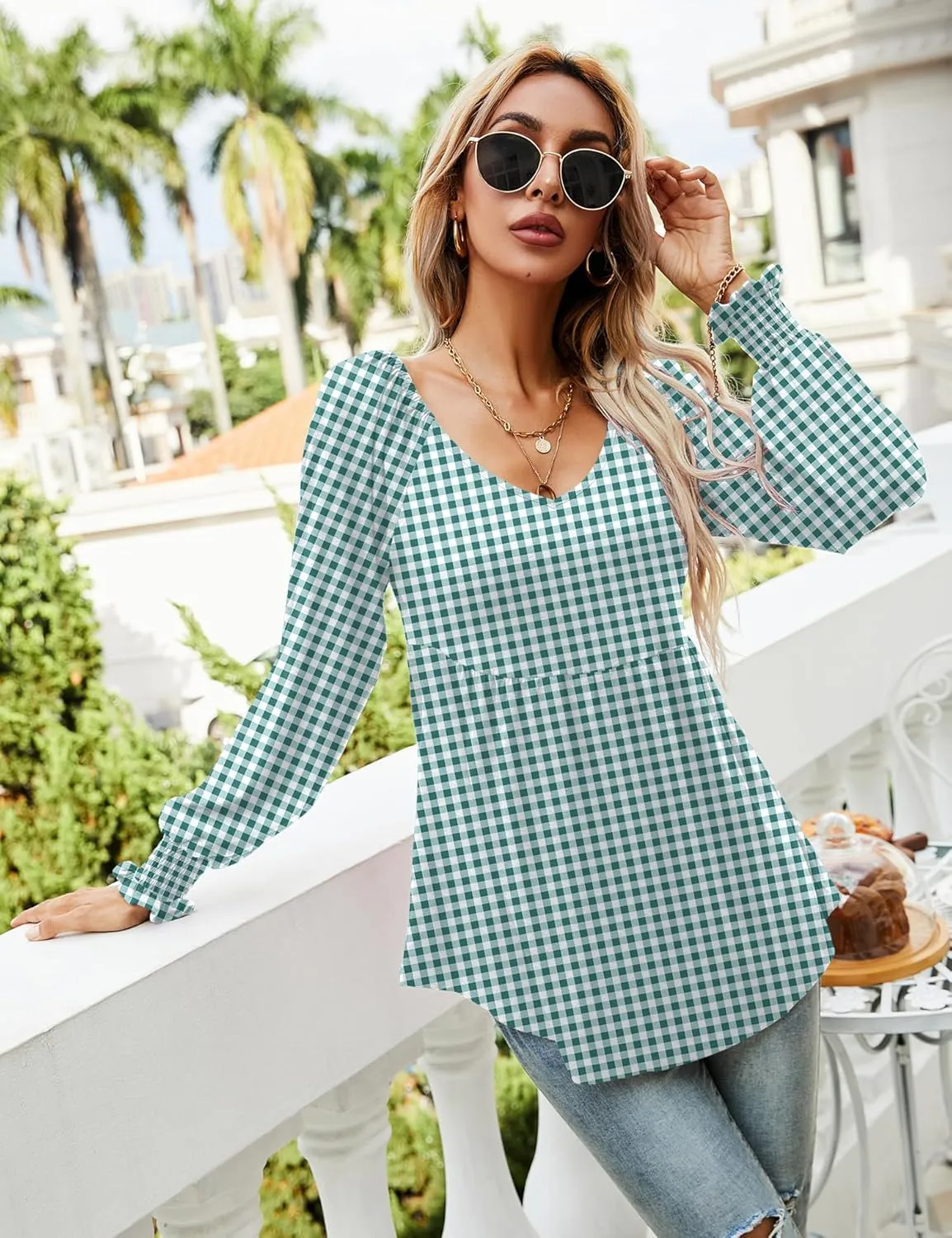 LOMON Womens Casual Fall Puff Long Sleeve Tunic Tops V Neck Flowy Babydoll Peplum Top Blouse T-Shirt 2024 Fashion S-3XL