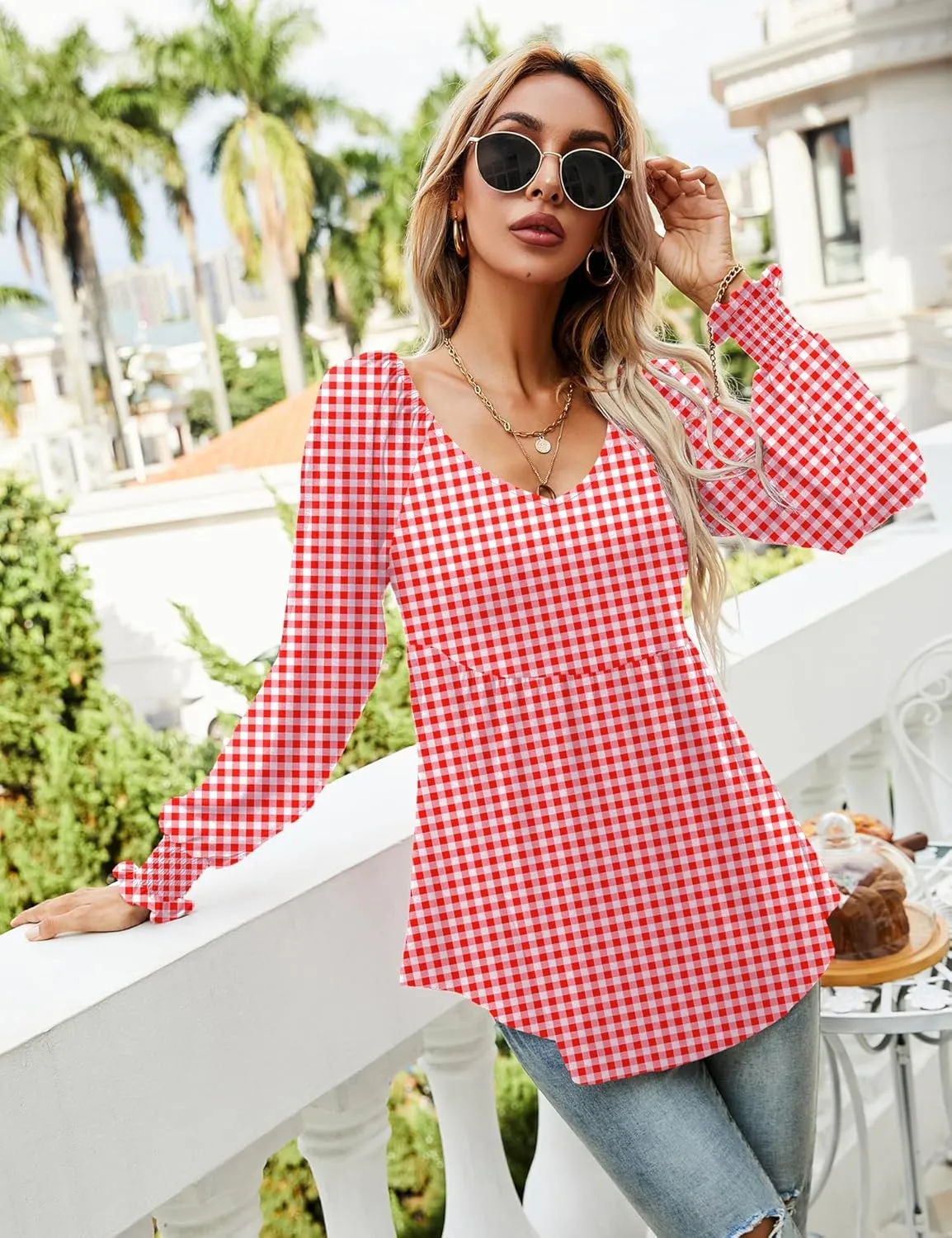 LOMON Womens Casual Fall Puff Long Sleeve Tunic Tops V Neck Flowy Babydoll Peplum Top Blouse T-Shirt 2024 Fashion S-3XL