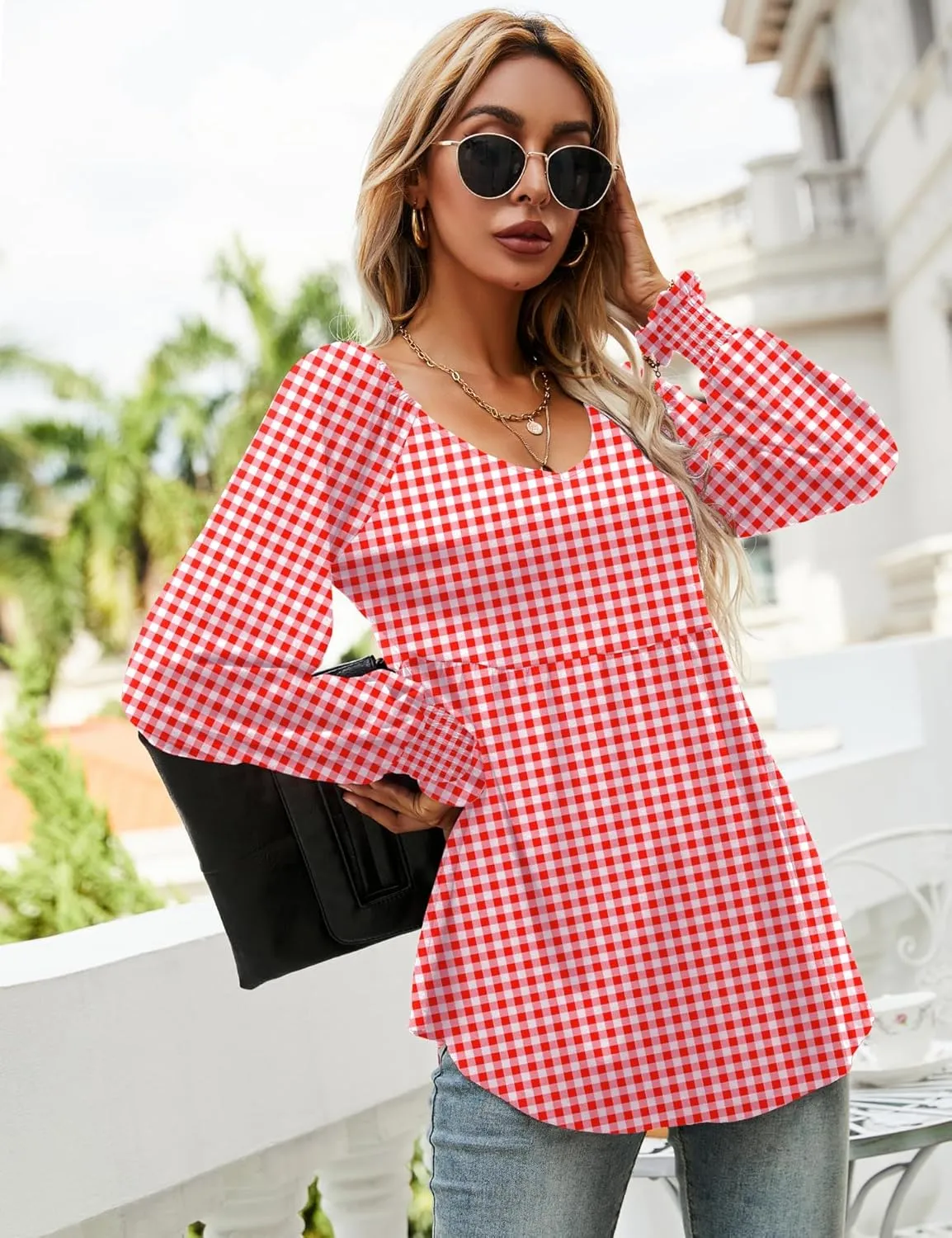 LOMON Womens Casual Fall Puff Long Sleeve Tunic Tops V Neck Flowy Babydoll Peplum Top Blouse T-Shirt 2024 Fashion S-3XL