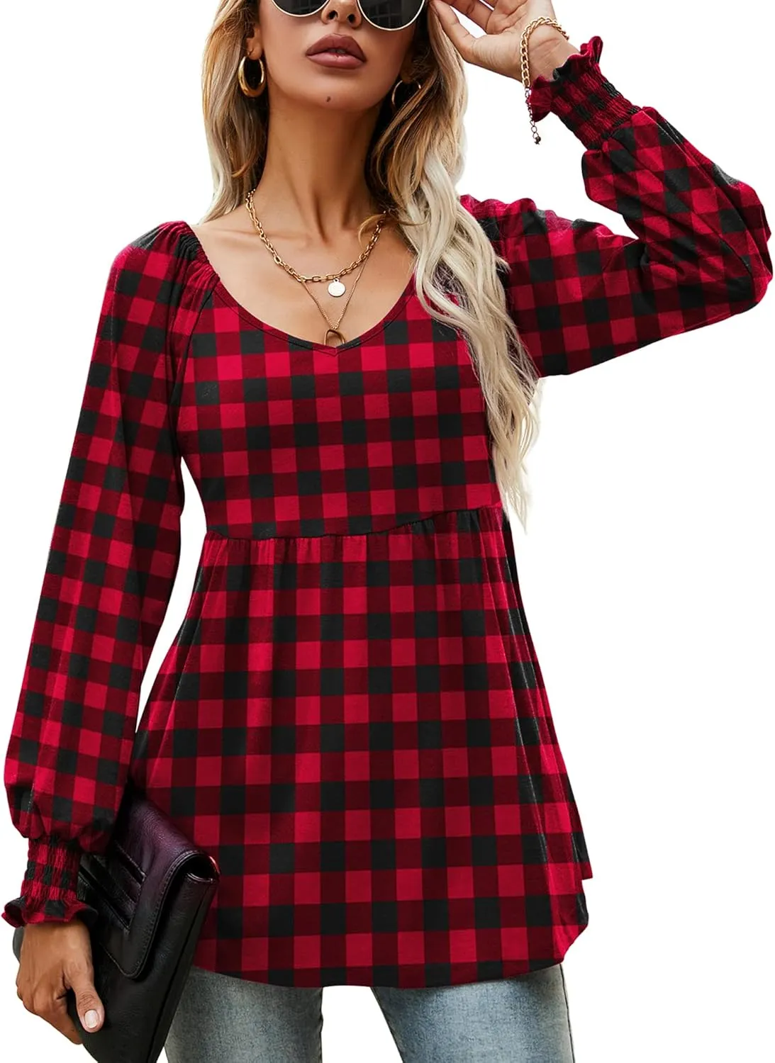 LOMON Womens Casual Fall Puff Long Sleeve Tunic Tops V Neck Flowy Babydoll Peplum Top Blouse T-Shirt 2024 Fashion S-3XL