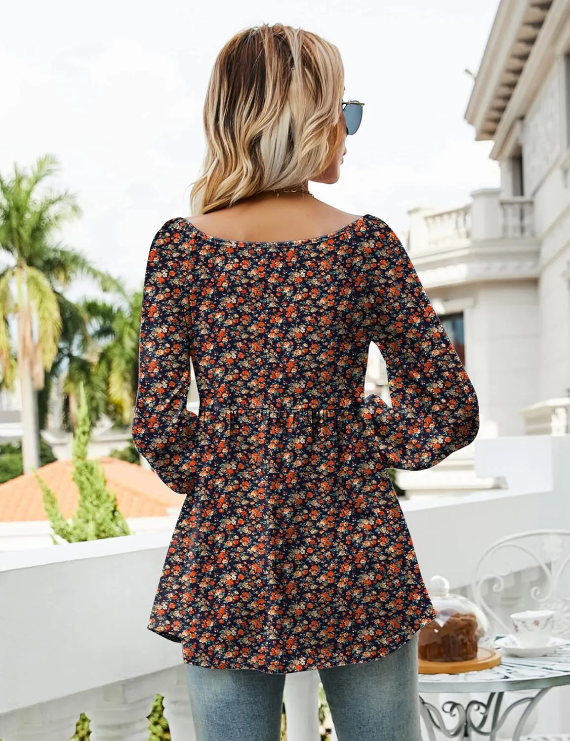LOMON Womens Casual Fall Puff Long Sleeve Tunic Tops V Neck Flowy Babydoll Peplum Top Blouse T-Shirt 2024 Fashion S-3XL