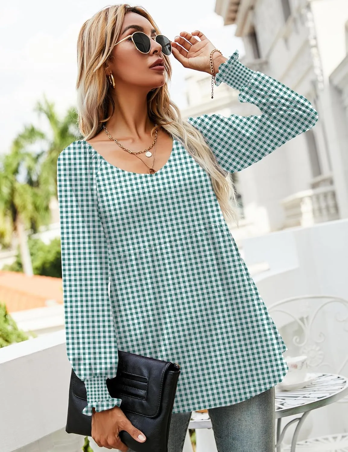LOMON Womens Casual Fall Puff Long Sleeve Tunic Tops V Neck Flowy Babydoll Peplum Top Blouse T-Shirt 2024 Fashion S-3XL