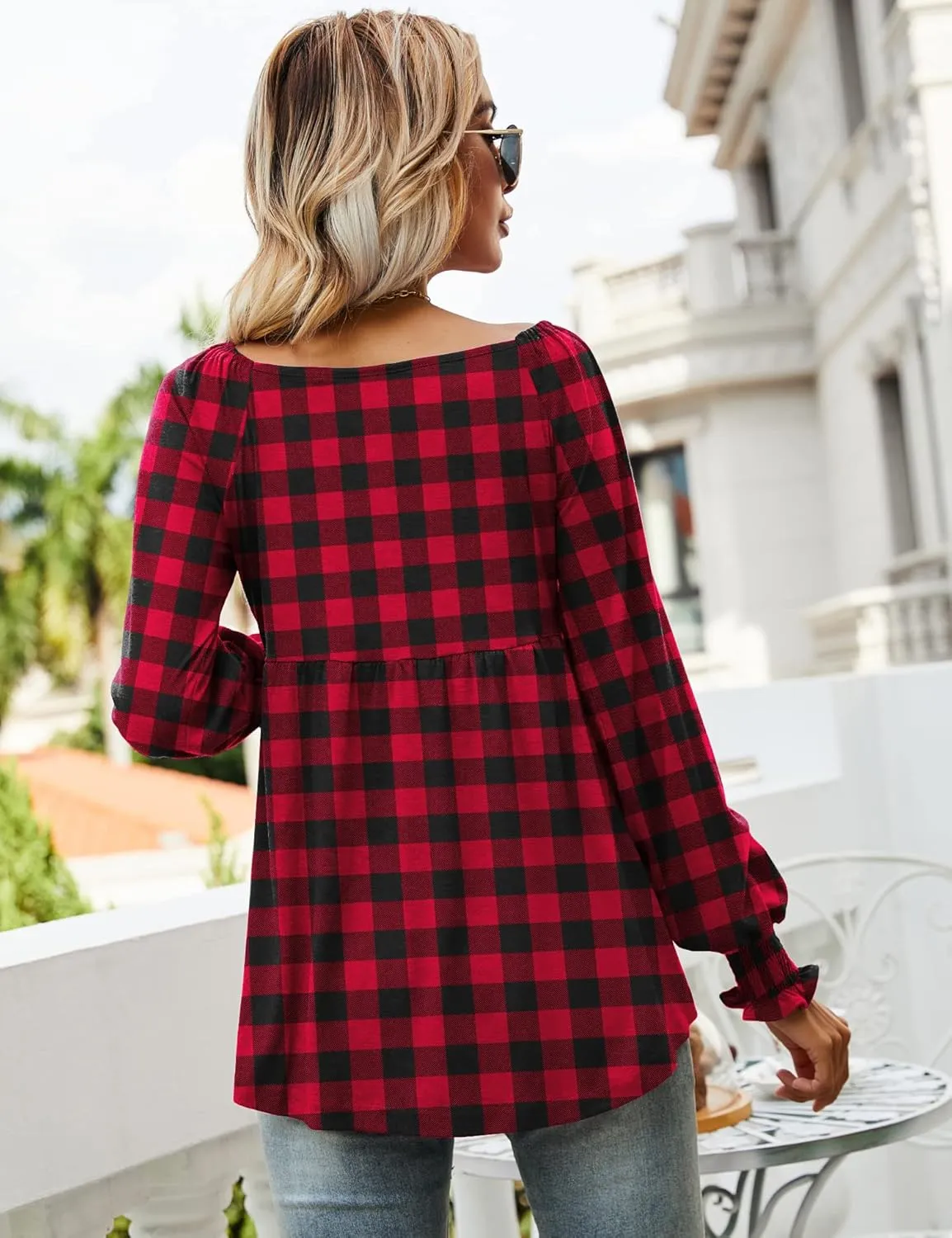 LOMON Womens Casual Fall Puff Long Sleeve Tunic Tops V Neck Flowy Babydoll Peplum Top Blouse T-Shirt 2024 Fashion S-3XL
