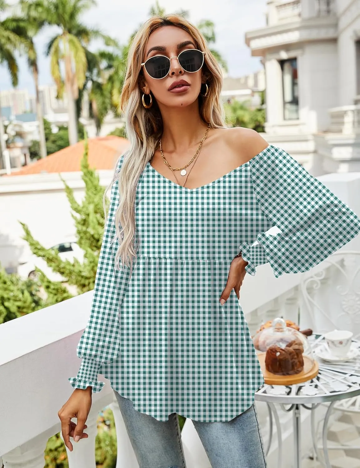 LOMON Womens Casual Fall Puff Long Sleeve Tunic Tops V Neck Flowy Babydoll Peplum Top Blouse T-Shirt 2024 Fashion S-3XL