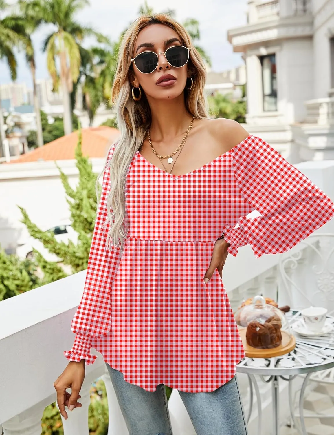 LOMON Womens Casual Fall Puff Long Sleeve Tunic Tops V Neck Flowy Babydoll Peplum Top Blouse T-Shirt 2024 Fashion S-3XL