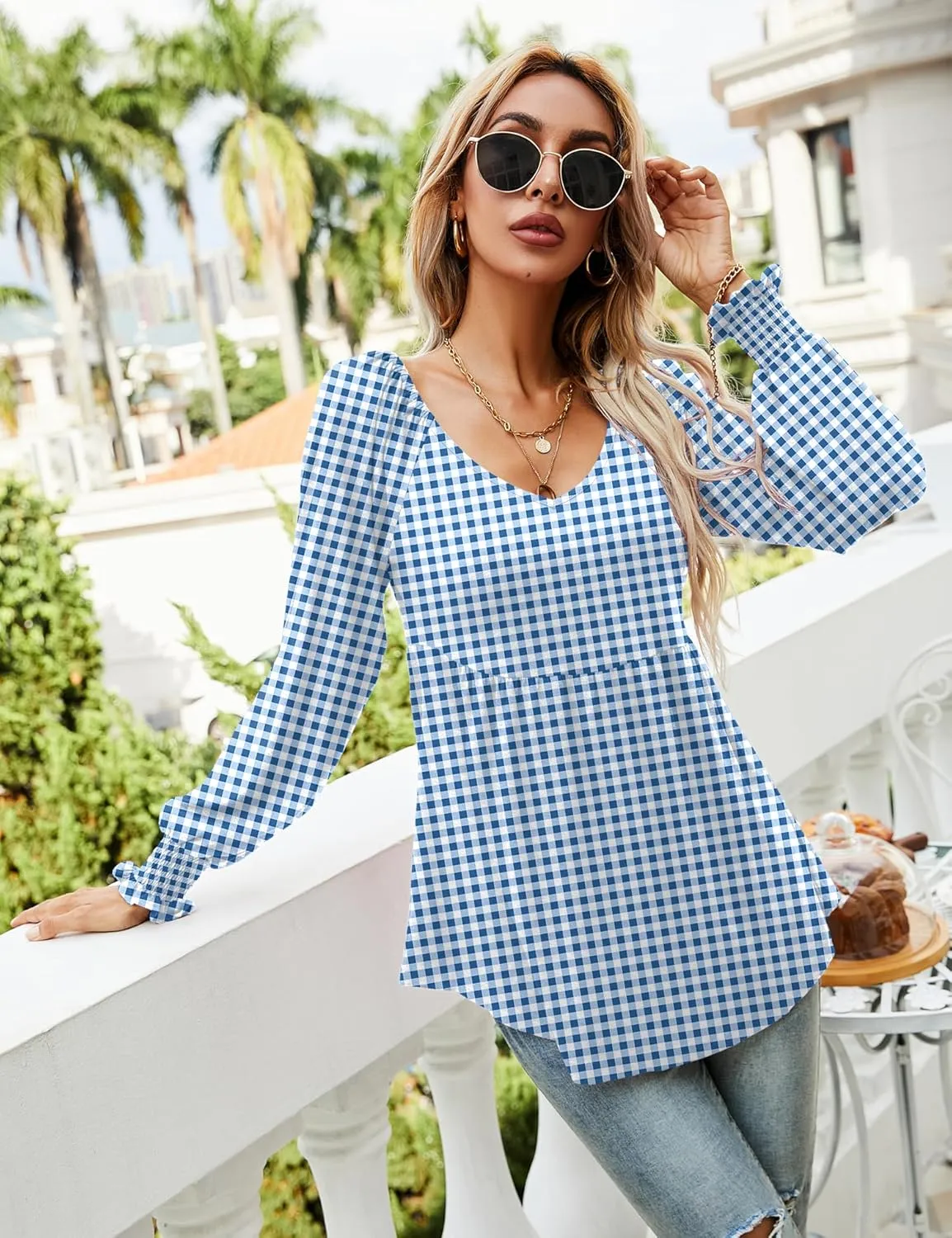 LOMON Womens Casual Fall Puff Long Sleeve Tunic Tops V Neck Flowy Babydoll Peplum Top Blouse T-Shirt 2024 Fashion S-3XL