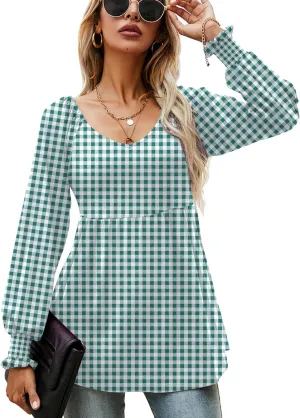 LOMON Womens Casual Fall Puff Long Sleeve Tunic Tops V Neck Flowy Babydoll Peplum Top Blouse T-Shirt 2024 Fashion S-3XL