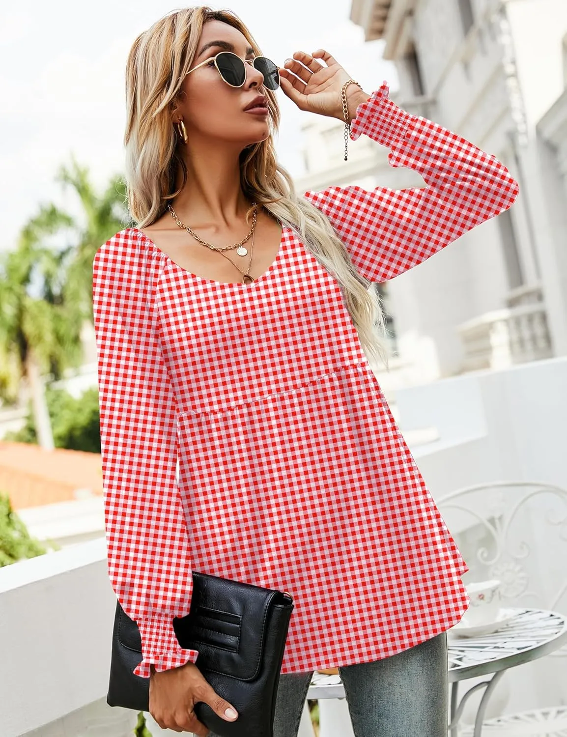 LOMON Womens Casual Fall Puff Long Sleeve Tunic Tops V Neck Flowy Babydoll Peplum Top Blouse T-Shirt 2024 Fashion S-3XL