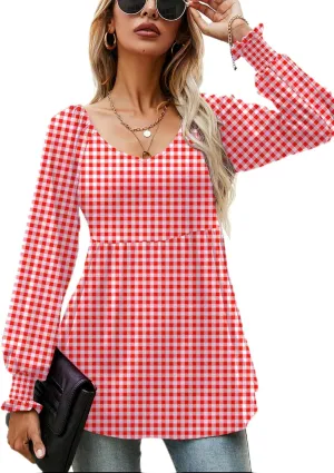 LOMON Womens Casual Fall Puff Long Sleeve Tunic Tops V Neck Flowy Babydoll Peplum Top Blouse T-Shirt 2024 Fashion S-3XL