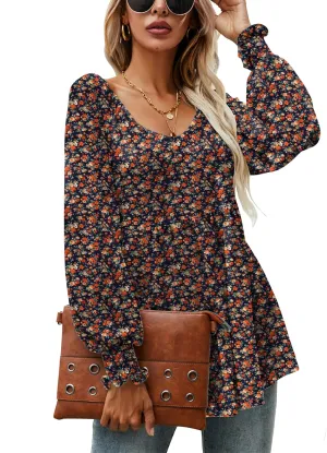 LOMON Womens Casual Fall Puff Long Sleeve Tunic Tops V Neck Flowy Babydoll Peplum Top Blouse T-Shirt 2024 Fashion S-3XL