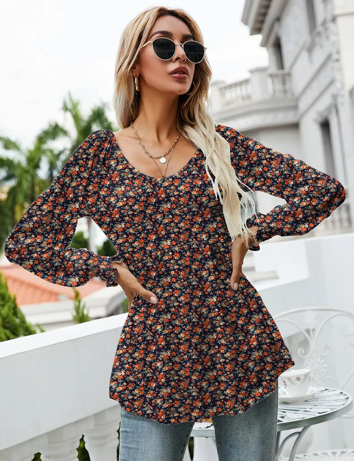 LOMON Womens Casual Fall Puff Long Sleeve Tunic Tops V Neck Flowy Babydoll Peplum Top Blouse T-Shirt 2024 Fashion S-3XL