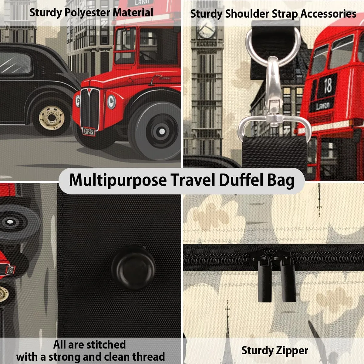 London Big Ben Travel Duffle Bag, Sports Gym Bags for Women Men, Carry On Weekender Overnight Bag, Britain Telephone Booth City Workout Hospital Airplane Trips Bag