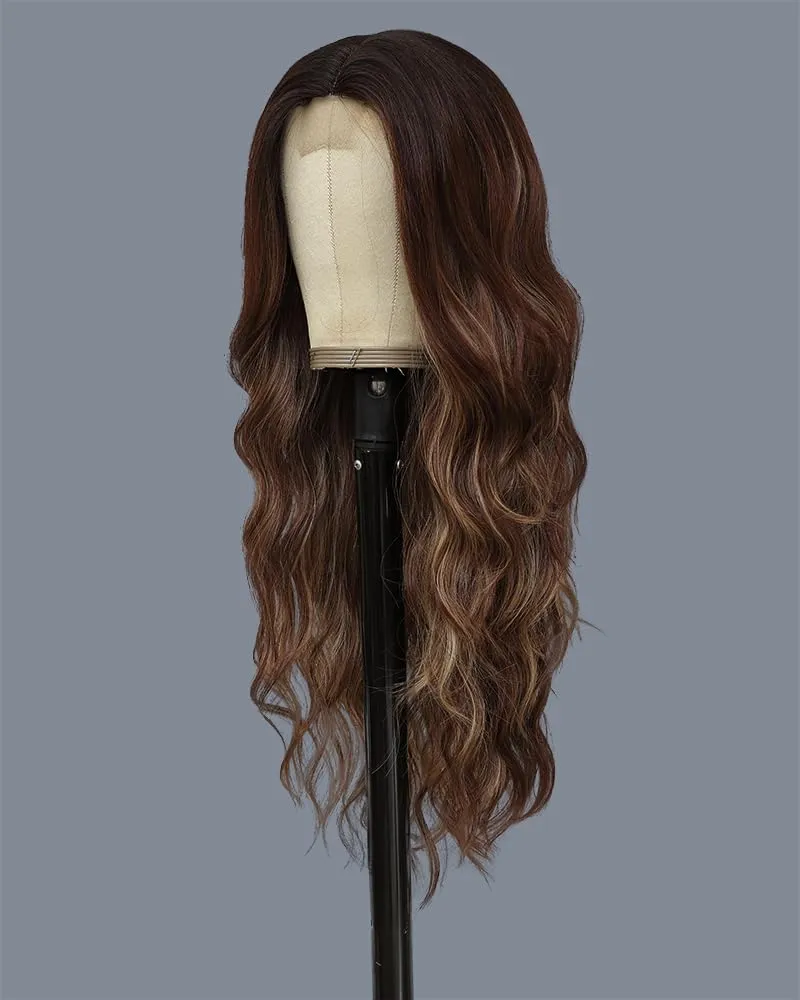 Long Brown Blonde Highlights Wigs for Women 26inch Wavy Curly Wig Natural Looking Middle Part Synthetic Heat Resistant Hair Replacement Wigs for Daily