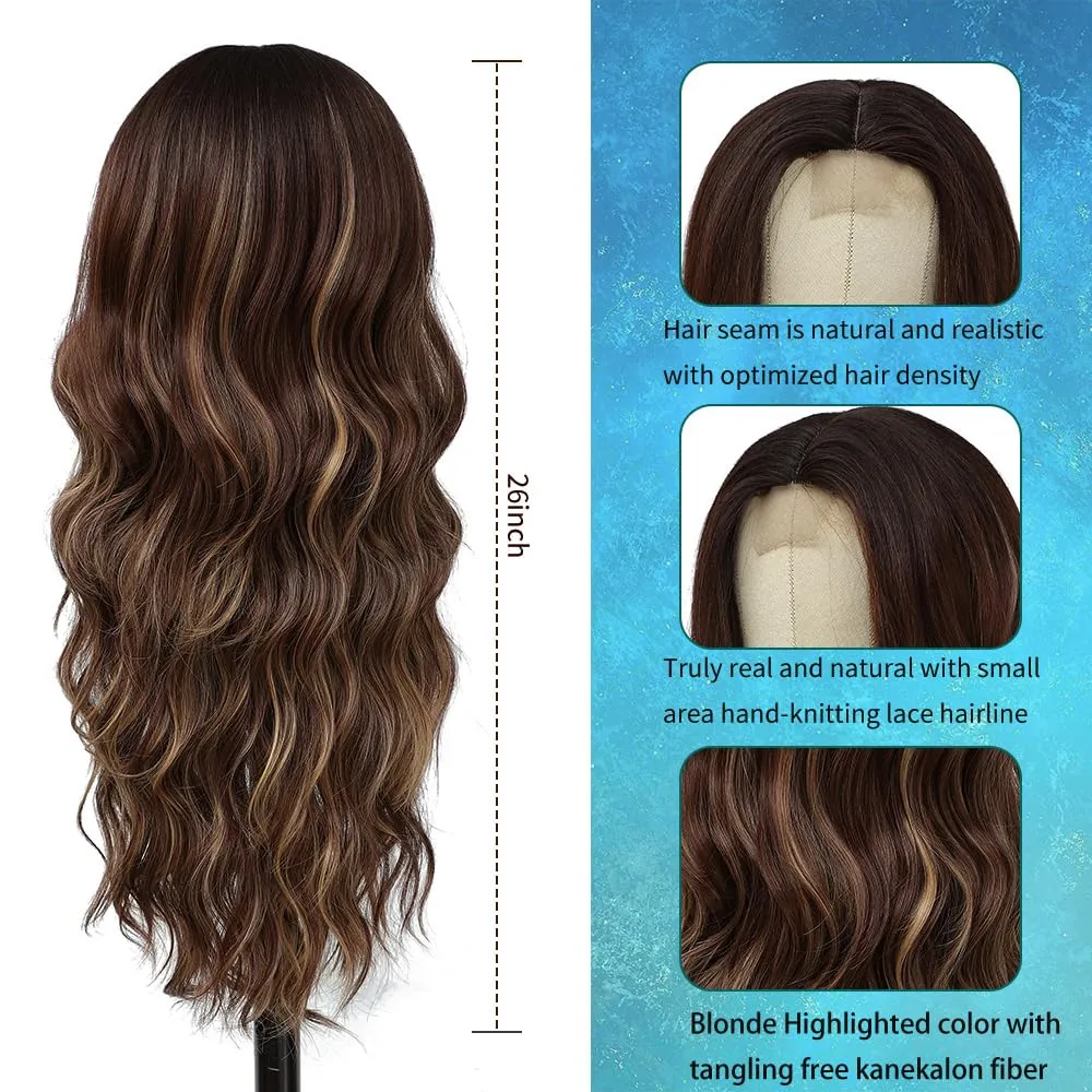 Long Brown Blonde Highlights Wigs for Women 26inch Wavy Curly Wig Natural Looking Middle Part Synthetic Heat Resistant Hair Replacement Wigs for Daily