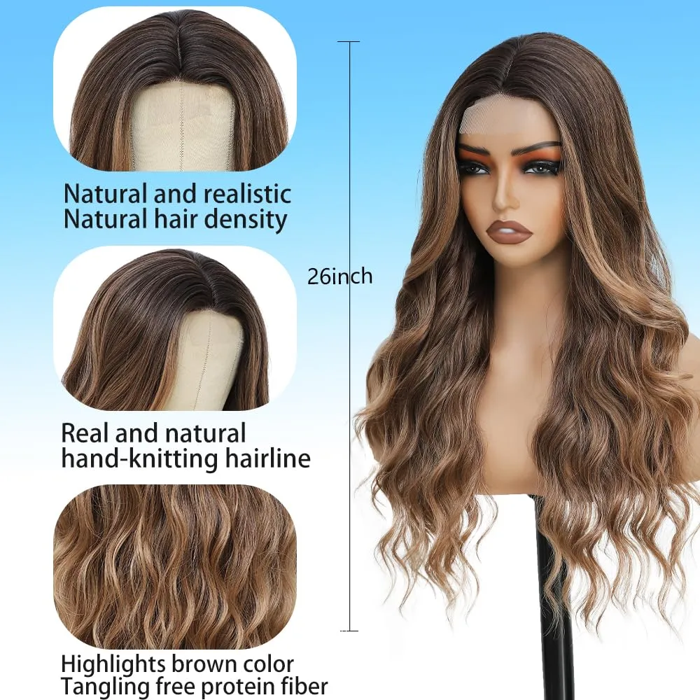 Long Highlights Brown Blonde Wig for Women Natural Looking Wavy Curly Synthetic Ombre Balayage Hair Wig Tangle Free Heat Resistant Comfortable for Daily Wear