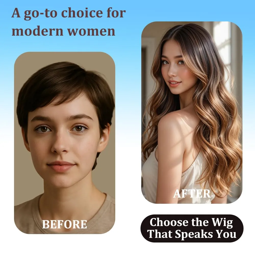 Long Highlights Brown Blonde Wig for Women Natural Looking Wavy Curly Synthetic Ombre Balayage Hair Wig Tangle Free Heat Resistant Comfortable for Daily Wear