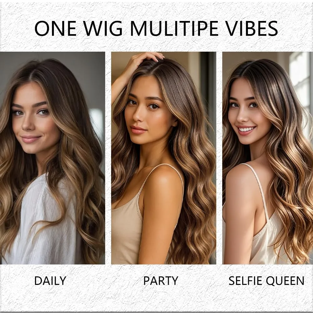 Long Highlights Brown Blonde Wig for Women Natural Looking Wavy Curly Synthetic Ombre Balayage Hair Wig Tangle Free Heat Resistant Comfortable for Daily Wear