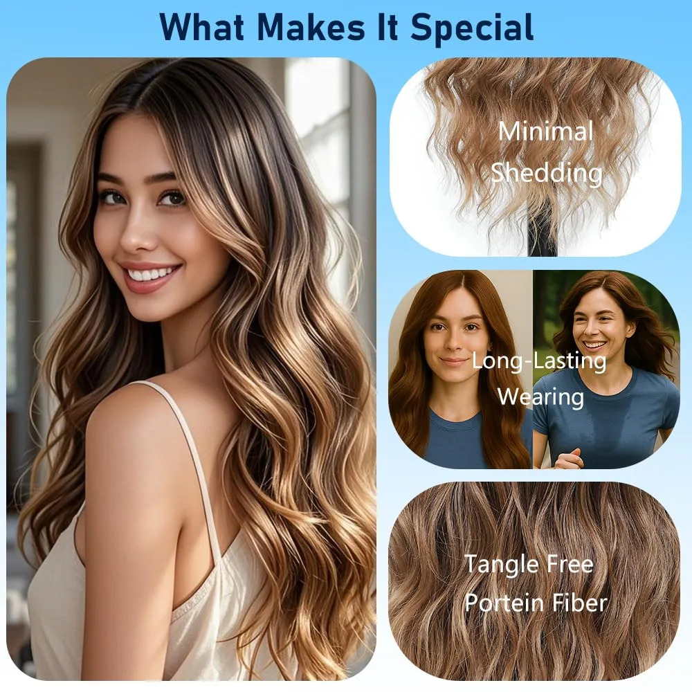 Long Highlights Brown Blonde Wig for Women Natural Looking Wavy Curly Synthetic Ombre Balayage Hair Wig Tangle Free Heat Resistant Comfortable for Daily Wear