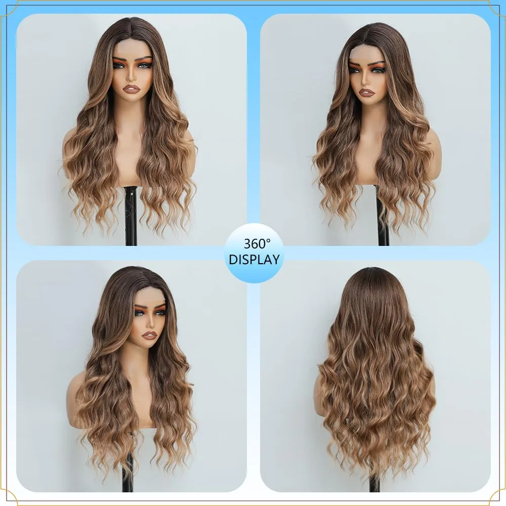 Long Highlights Brown Blonde Wig for Women Natural Looking Wavy Curly Synthetic Ombre Balayage Hair Wig Tangle Free Heat Resistant Comfortable for Daily Wear