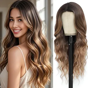 Long Highlights Brown Blonde Wig for Women Natural Looking Wavy Curly Synthetic Ombre Balayage Hair Wig Tangle Free Heat Resistant Comfortable for Daily Wear