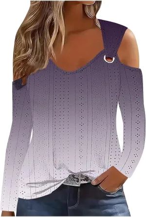 Long Shirts for Women Gradient Eyelet Cold Shoulder Crew Neck Fall Tee Shirts for Women 2024 Going Out Tops Casual