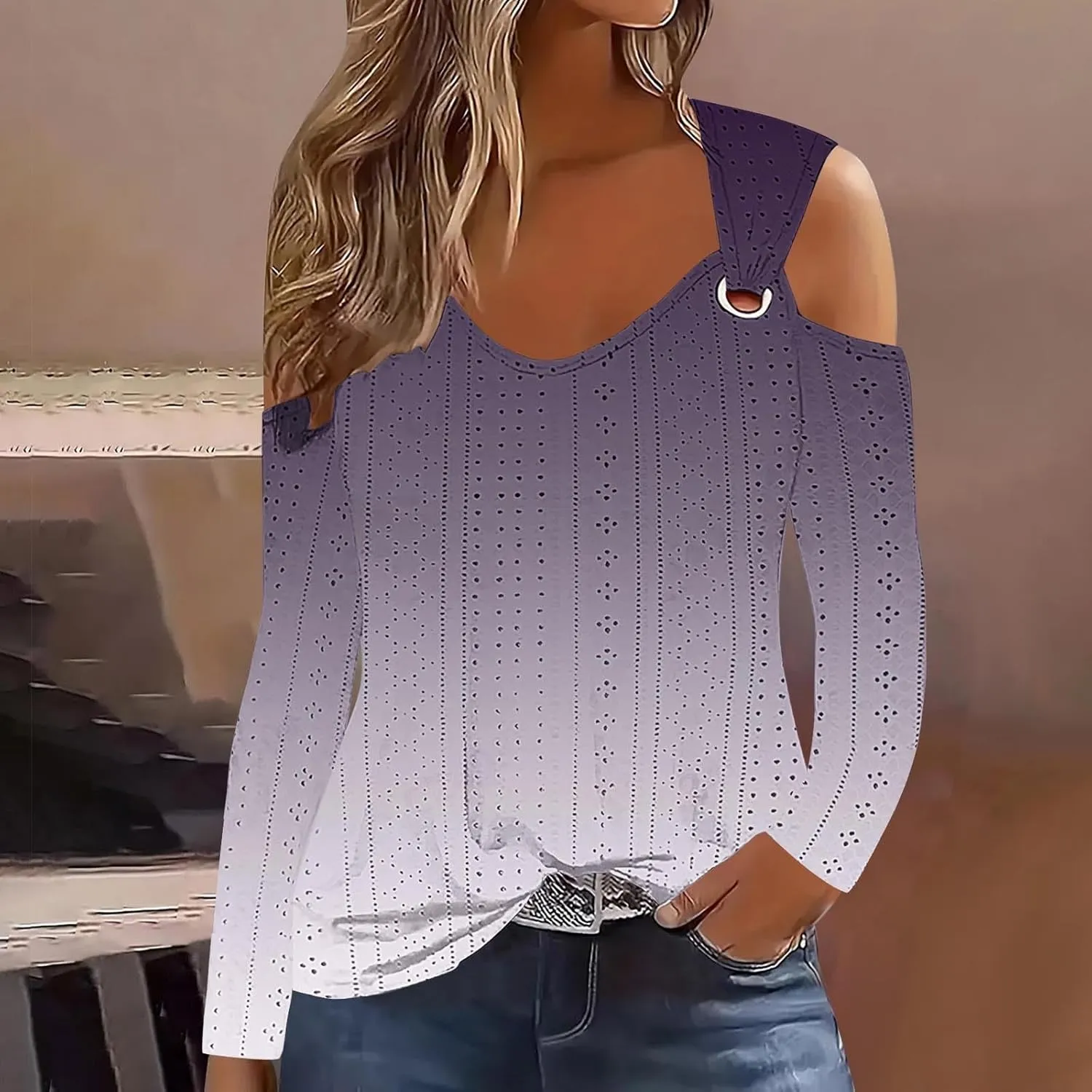 Long Shirts for Women Gradient Eyelet Cold Shoulder Crew Neck Fall Tee Shirts for Women 2024 Going Out Tops Casual