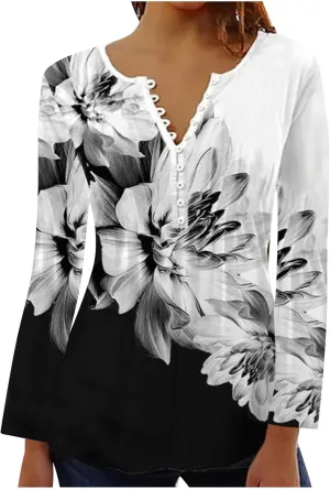 Long Sleeve Tunic Tops for Women Trendy 2023 Vintage Floral Print Button Down Shirts Casual Loose Comfy Fall Blouse