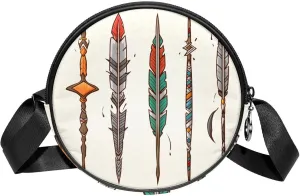 Long Strap Crossbody Bag, Round, Shoulder Bag for Women, arrows and feathers