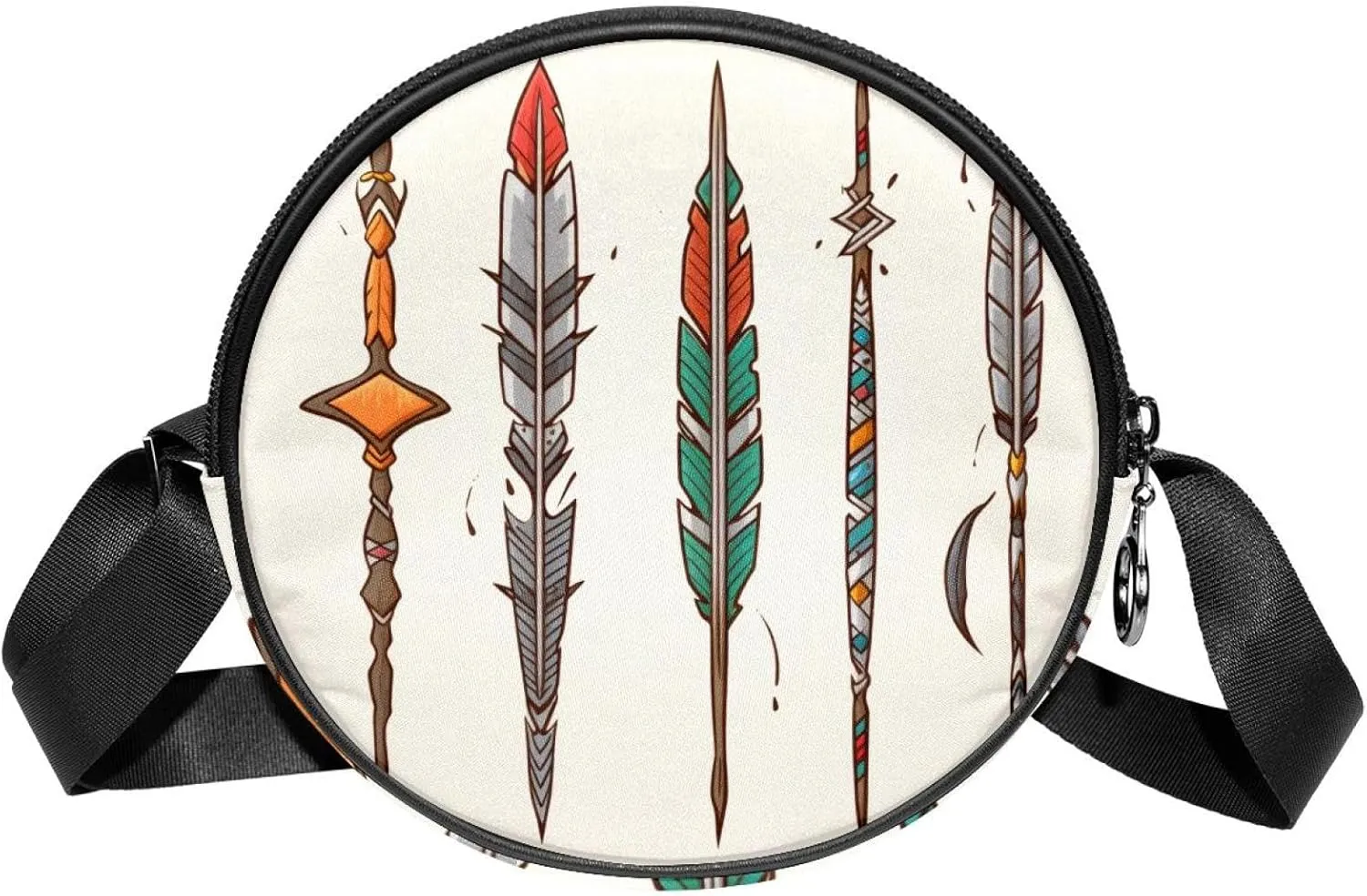Long Strap Crossbody Bag, Round, Shoulder Bag for Women, arrows and feathers