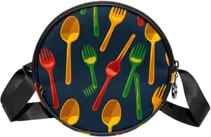 Long Strap Crossbody Bag, Round, Shoulder Bag for Women, Cartoon Forks and knives