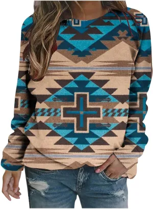 Loose Fitting Long Sleeve Tops for Women Aztec Ethnic Print Graphic Tee Shirts Casual Dressy Crewneck Sweatshirts