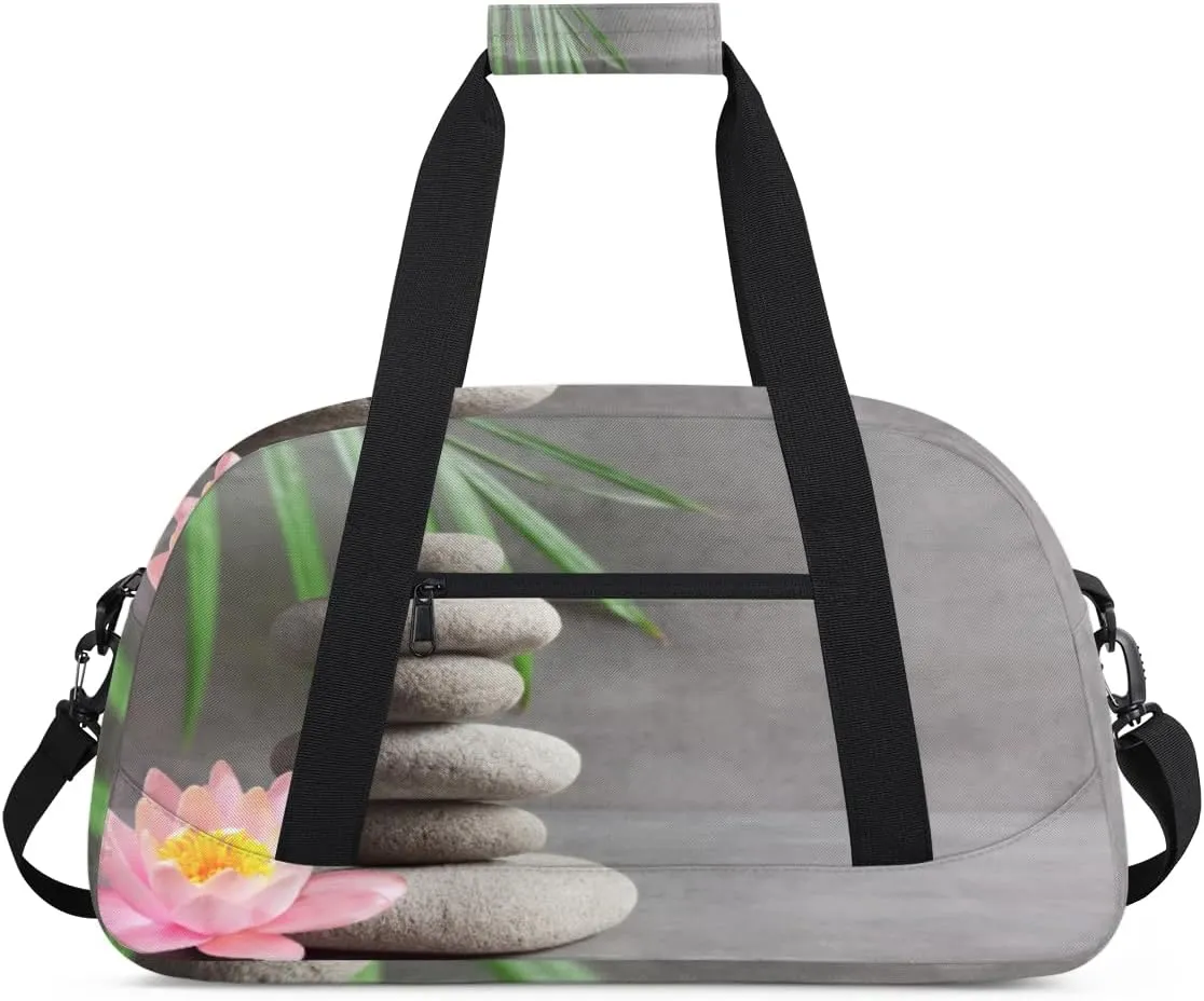 Lotus Gym Duffel Bag for Men Women Zen Stone Sports Tote Bag with Adjustable Shoulder Strap for Dance Gymnastics Traveling Outdoor Camping Overnight Stay