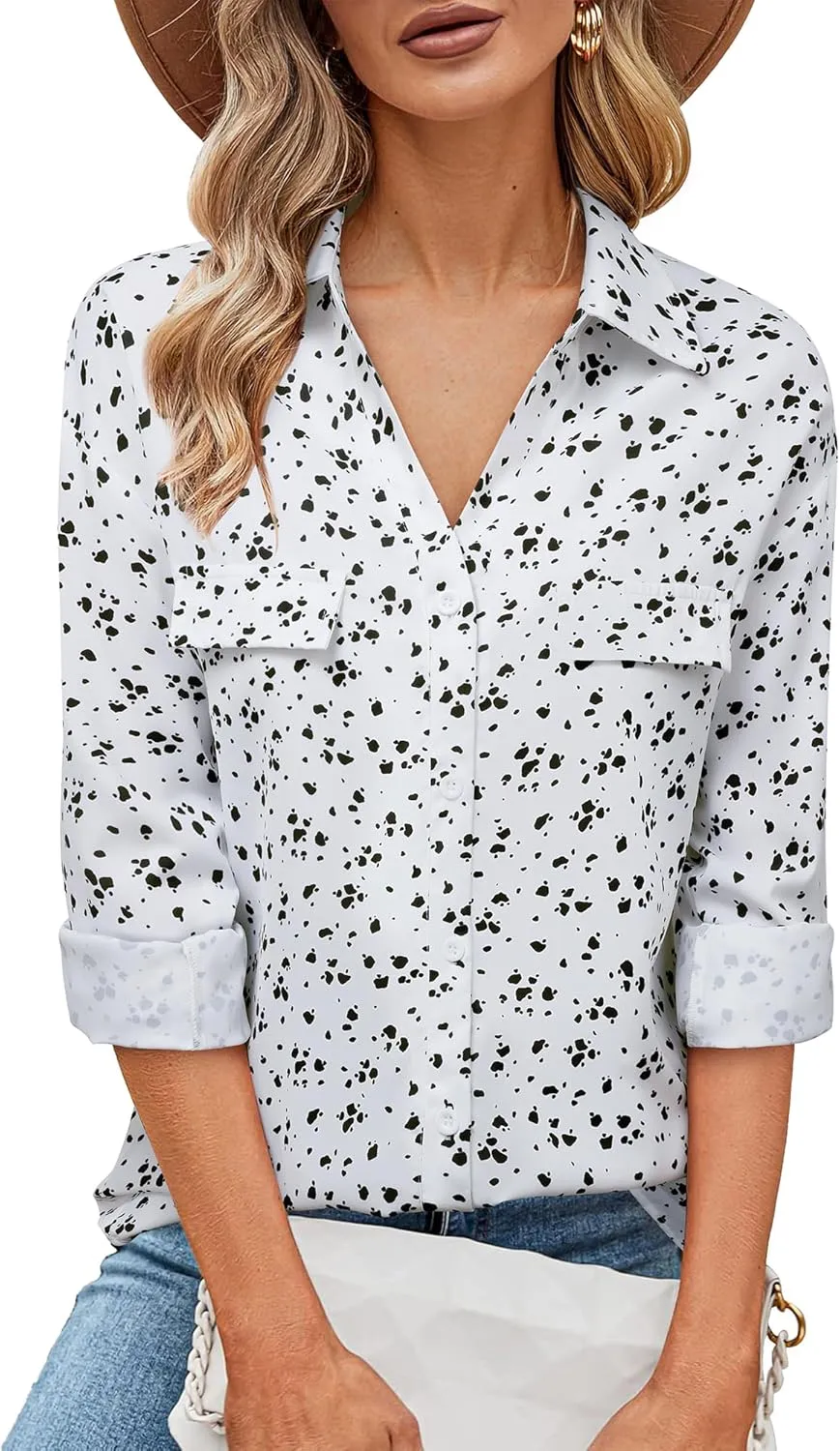 Lotusmile Women's Dressy Lapel Button Down Shirts for Work Office Business Casual Chiffon Blouse Tops